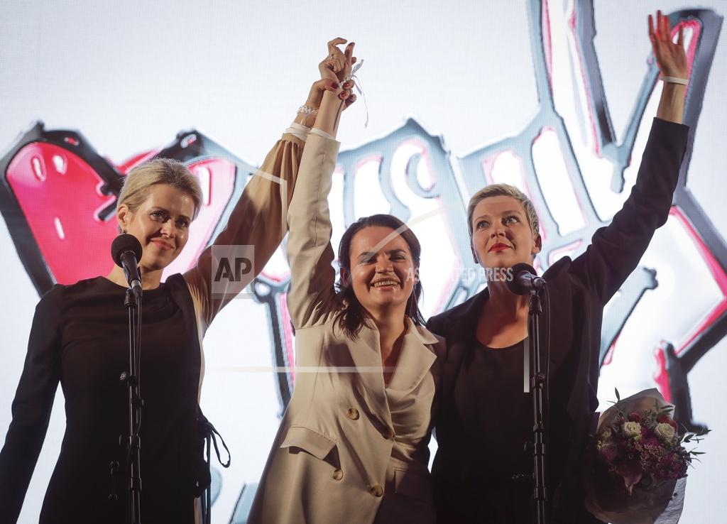 Sergei Grits FILE - In this Thursday, July 30, 2020 file photo, Maria Kolesnikova, right, a representative of Viktor Babariko, Svetlana Tikhanovskaya, center, candidate for the presidential elections,and wife of non-registered candidate Valery Tsepkalo and Veronika Tsepkalo, left, gesture during a meeting in support of Svetlana Tikhanovskaya in Minsk, Belarus. Belarusian opposition figures, Hong Kong-pro-democracy activists, the Black Lives Matter movement, a jailed Russian opposition leader and two former White House senior advisers are among this year’s nominations for the Nobel Peace Prize. The 2021 deadline has passed and some of those who nominated people have spoken up. (AP Photo/Sergei Grits, File)