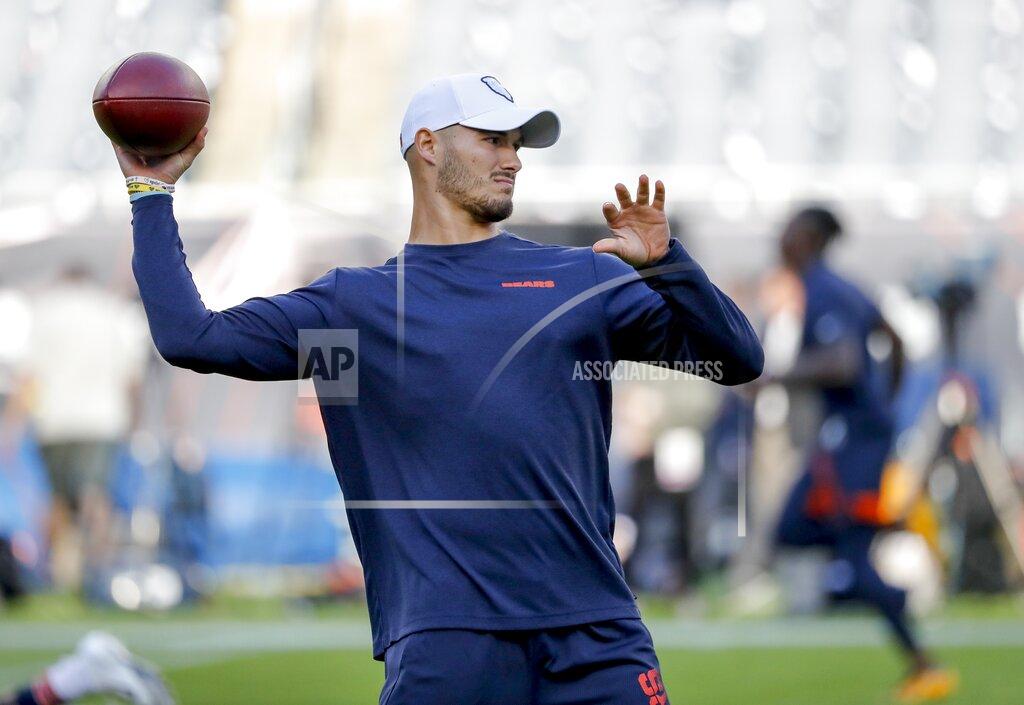 Charles Rex Arbogast Chicago Bears quarterback Mitchell Trubisky warms up before an NFL football game against the Green Bay Packers Thursday, Sept. 5, 2019, in Chicago. (AP Photo/Charles Rex Arbogast)
