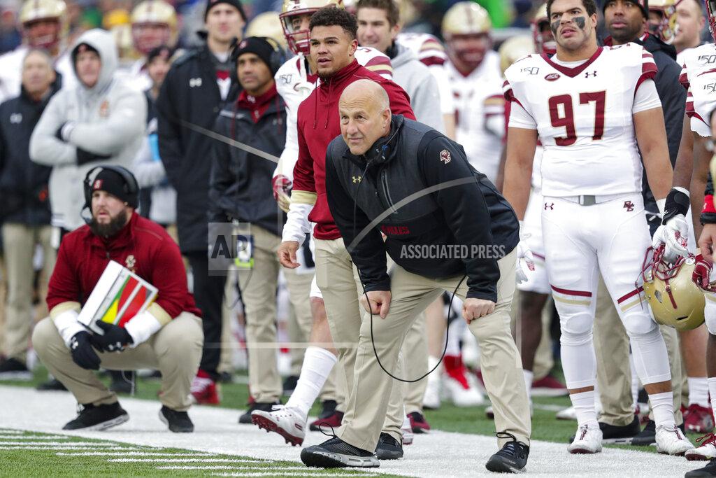Boston College head coach Steve Addazio watches his team from the sideline as his team played against Notre Dame during the first half of an NCAA college football game in South Bend, Ind., Saturday, Nov. 23, 2019. Notre Dame defeated Boston College 40-7. (AP Photo/Michael Conroy)