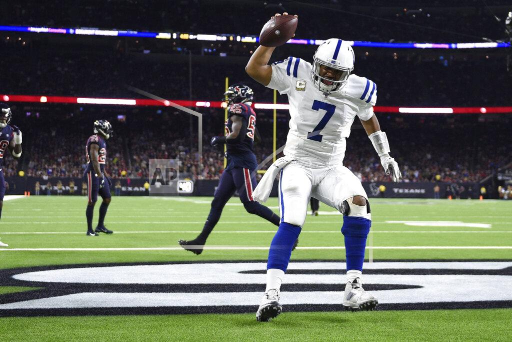 Eric Christian Smith Indianapolis Colts quarterback Jacoby Brissett (7) celebrates as he scores a touchdown against the Houston Texans during the first half of an NFL football game Thursday, Nov. 21, 2019, in Houston. (AP Photo/Eric Christian Smith)