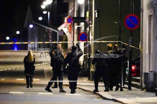 Police stand at the scene after an attack in Kongsberg, Norway, Wednesday, Oct. 13, 2021. Several people have been killed and others injured by a man armed with a bow and arrow in a town west of the Norwegian capital, Oslo. (Hakon Mosvold Larsen/NTB Scanpix via AP)