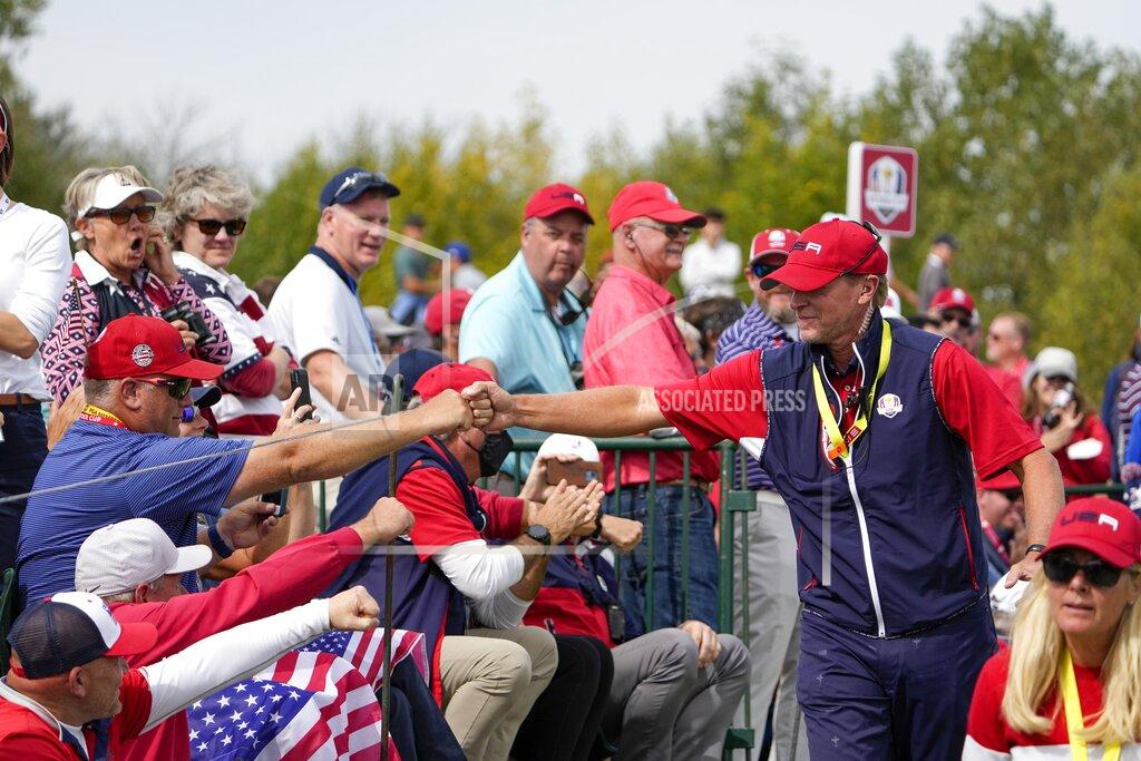 Jeff Roberson Team USA captain Steve Stricker greets fans on the second hole during a Ryder Cup singles match at the Whistling Straits Golf Course Sunday, Sept. 26, 2021, in Sheboygan, Wis. (AP Photo/Jeff Roberson)