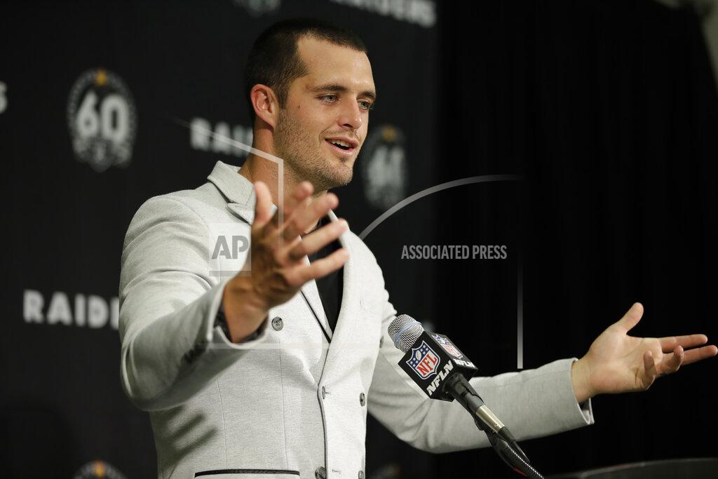 Ben Margot Oakland Raiders quarterback Derek Carr gestures during a news conference at the end of an NFL football game against the Denver Broncos Monday, Sept. 9, 2019, in Oakland, Calif. Oakland won the game 24-16. (AP Photo/Ben Margot)