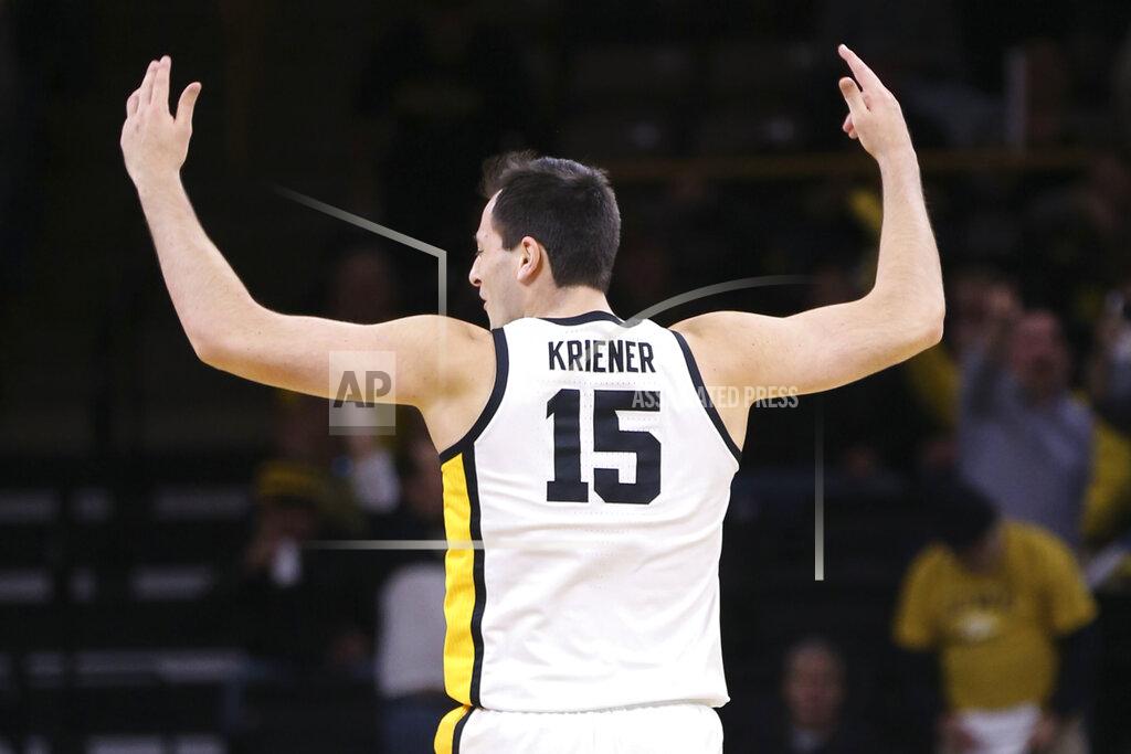 Rebecca F. Miller Iowa forward Ryan Kriener (15) celebrates a basket against Michigan during the first half of an NCAA college basketball game Friday, Jan. 17, 2020, in Iowa City, Iowa. (Rebecca F. Miller/The Gazette via AP)