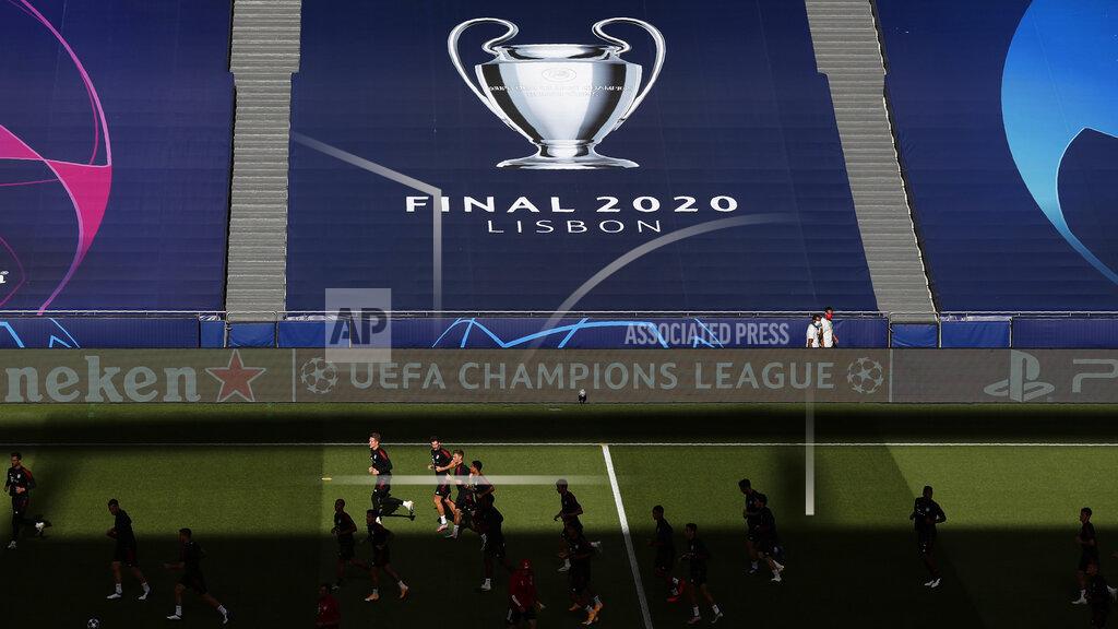 Manu Fernandez Bayern players run during a training session at the Luz stadium in Lisbon, Saturday Aug. 22, 2020. Bayern Munich will play PSG in the Champions League final soccer match on Sunday. AP Photo/Manu Fernandez, Pool)