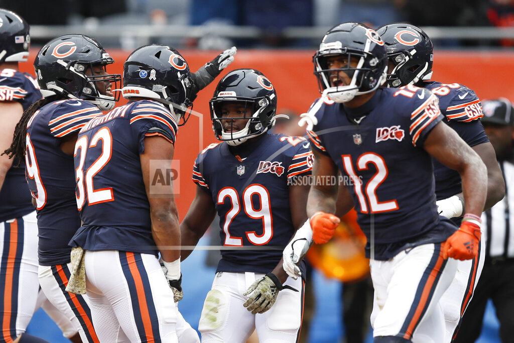 Charlie Neibergall Chicago Bears running back Tarik Cohen (29) celebrates his 9-yard touchdown reception against the Detroit Lions during the second half of an NFL football game in Chicago, Sunday, Nov. 10, 2019. (AP Photo/Charlie Neibergall)