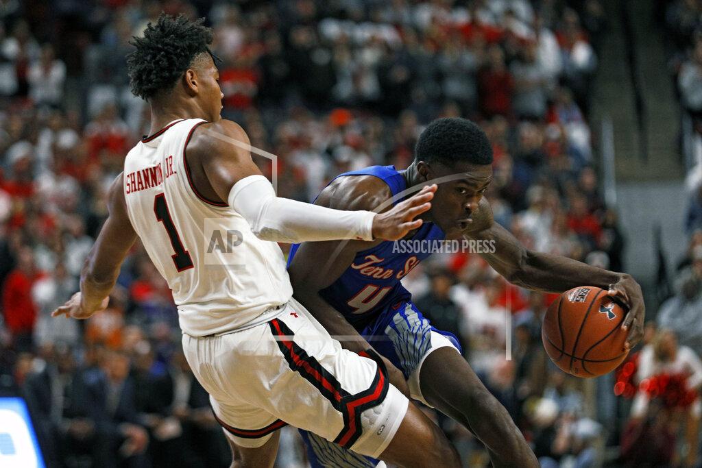 Brad Tollefson Tennessee State's Wesley Harris (4) knocks down Texas Tech's Terrence Shannon Jr. (1) while driving the ball to the basket during the first half of an NCAA college basketball game Thursday, Nov. 21, 2019, in Lubbock, Texas. (AP Photo/Brad Tollefson)