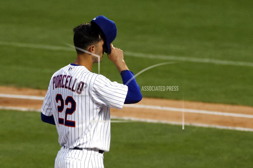 Adam Hunger New York Mets pitcher Rick Porcello reacts during the third inning of the team's baseball game against the Atlanta Braves on Sunday, July 26, 2020, in New York. (AP Photo/Adam Hunger)