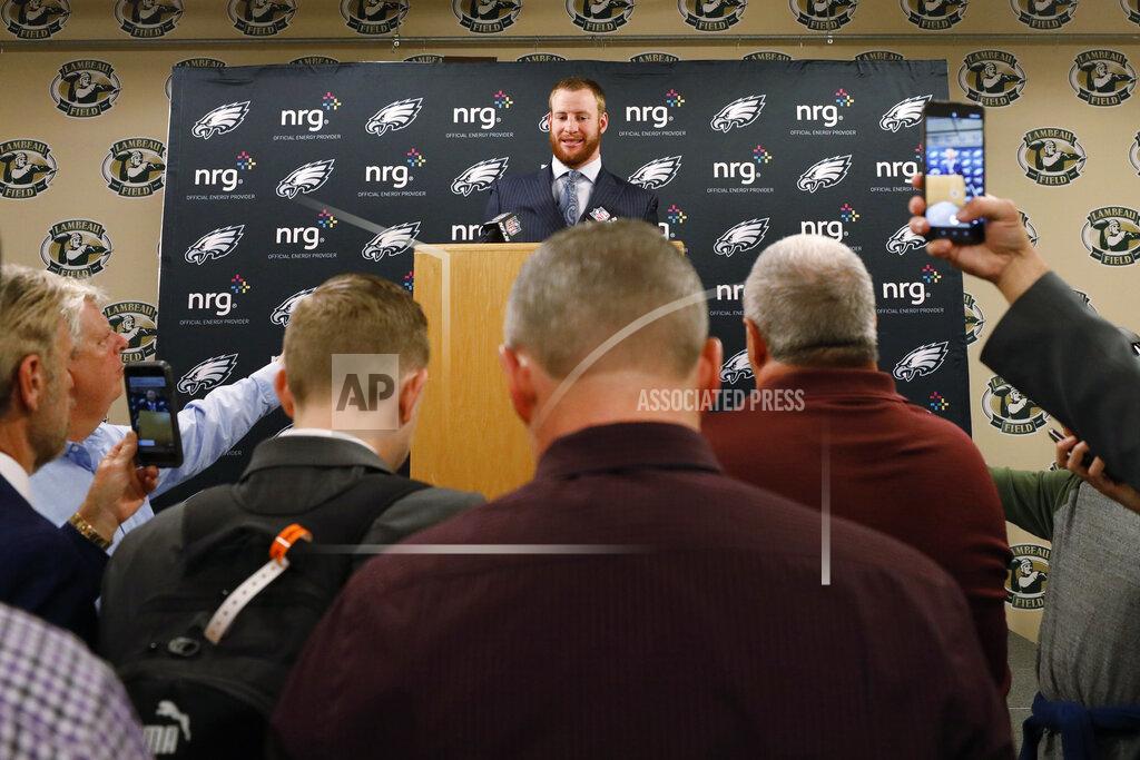 Jeffrey Phelps Philadelphia Eagles quarterback Carson Wentz speaks during a news conference following the team's NFL football game against the Green Bay Packers on Thursday, Sept. 26, 2019, in Green Bay, Wis. Philadelphia won 34-27. (AP Photo/Jeffrey Phelps)