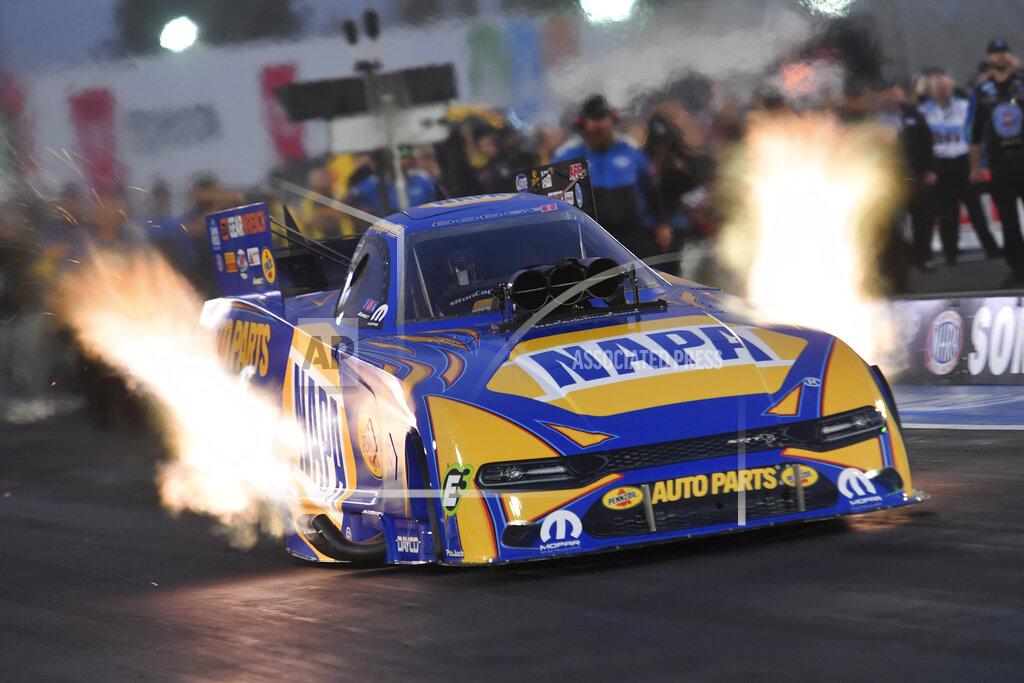 Richard H Shute In this photo provided by the NHRA, Ron Capps drives in Funny Car qualifying at the NHRA Sonoma Nationals drag races Friday, July 23, 2021, in Sonoma, Calif. (Richard H Shute/Auto Imagery/NHRA via AP)