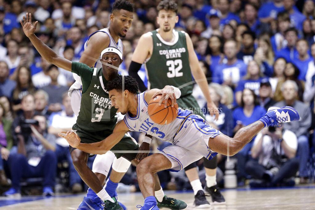 Gerry Broome Colorado State guard Kendle Moore (3) defends Duke guard Tre Jones (3) during the first half of an NCAA college basketball game in Durham, N.C., Friday, Nov. 8, 2019. (AP Photo/Gerry Broome)