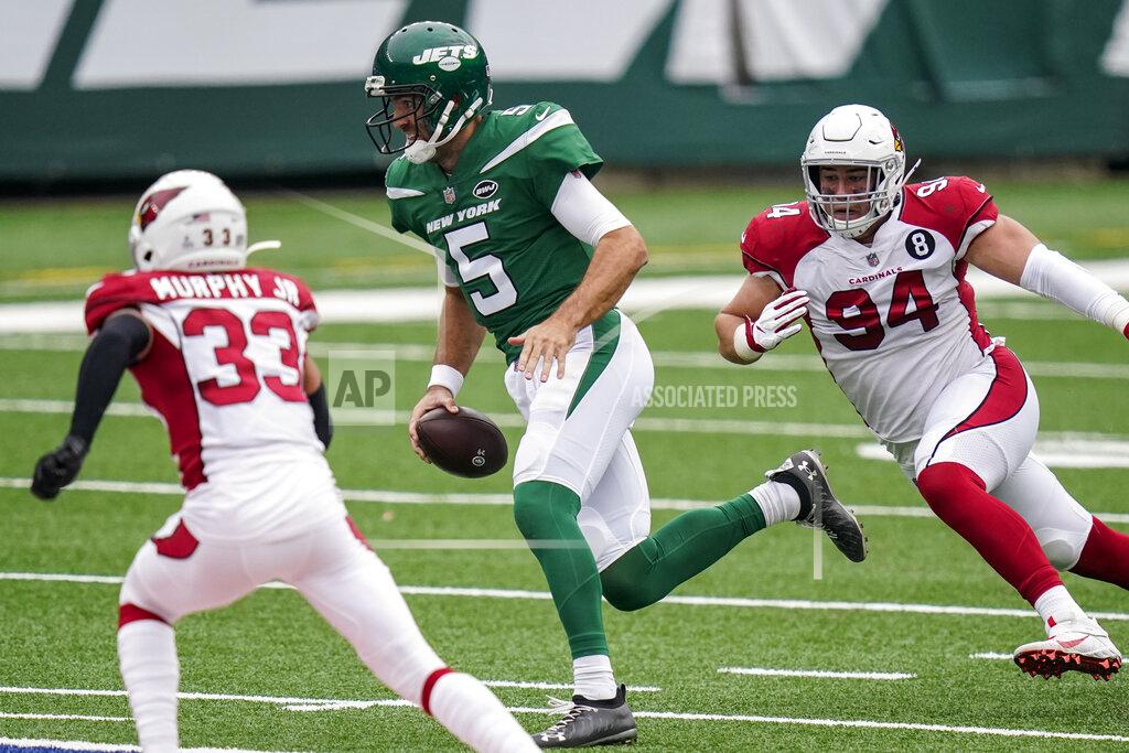 Frank Franklin Ii New York Jets quarterback Joe Flacco (5) runs the ball under pressure from Arizona Cardinals defensive end Zach Allen (94) during the first half of an NFL football game, Sunday, Oct. 11, 2020, in East Rutherford. (AP Photo/Frank Franklin II)