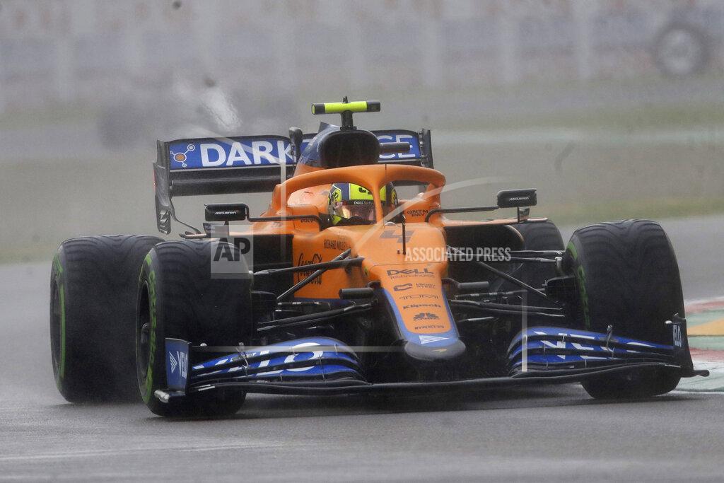Luca Bruno Mclaren driver Lando Norris of Britain steers his car during the Emilia Romagna Formula One Grand Prix, at the Imola racetrack, Italy, Sunday, April 18, 2021. (AP Photo/Luca Bruno)