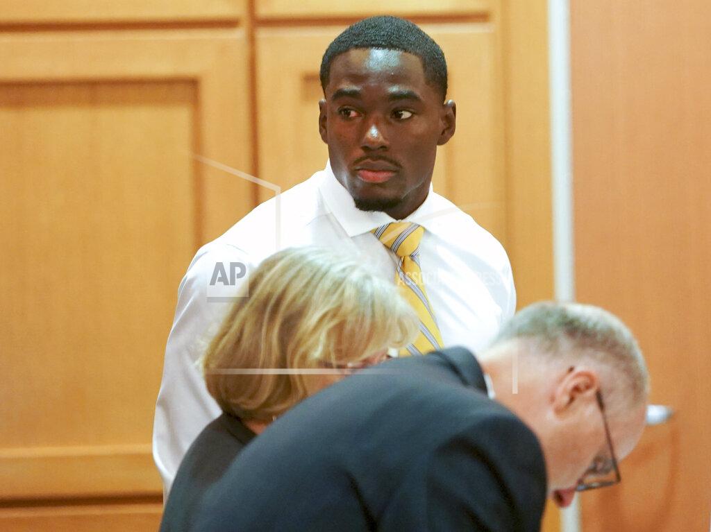 Steve Apps In this Tuesday, July 30, 2019 photo, former University of Wisconsin football player Quintez Cephus watches during his sexual assault trial at the Dane County Courthouse in Madison, Wis. The 21-year-old Cephus is charged with second- and third-degree sexual assault after two 18-year-old women reported to police that he had assaulted them on the same night in April 2018.(Steve Apps/Wisconsin State Journal via AP)