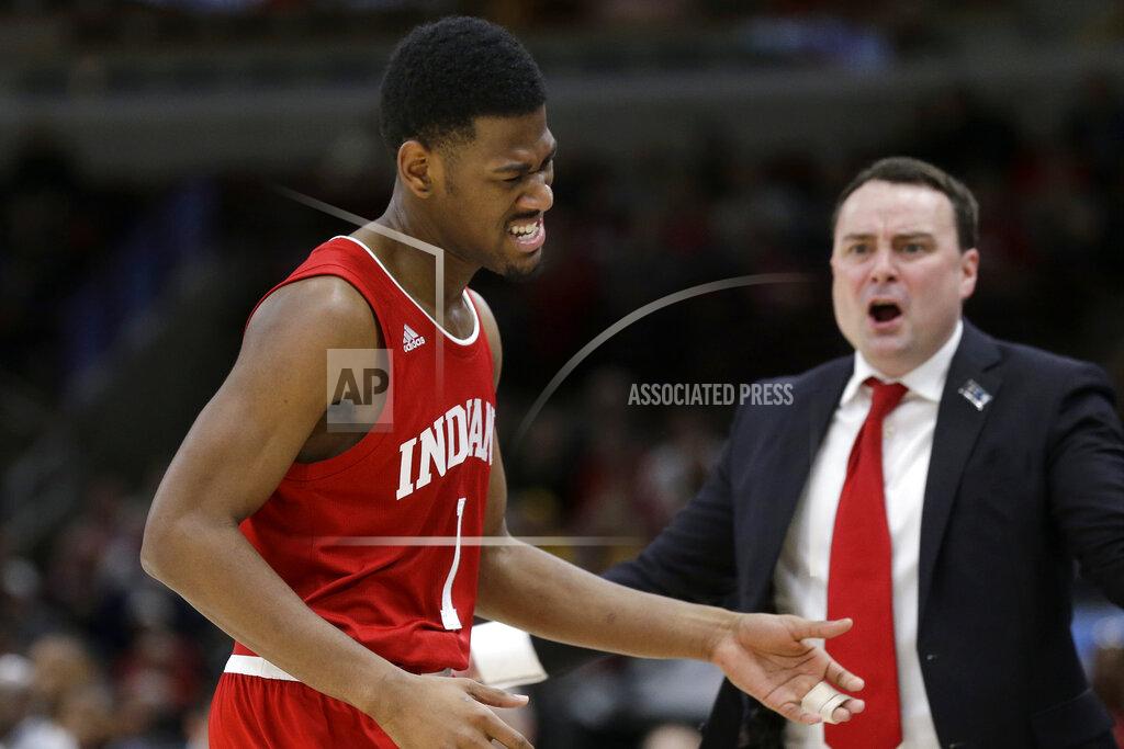 Kiichiro Sato Indiana Hoosiers head coach Archie Miller reacts as Aljami Durham (1) walks off the court during the second half of an NCAA college basketball game against the Ohio State in the second round of the Big Ten Conference tournament, Thursday, March 14, 2019, in Chicago. (AP Photo/Kiichiro Sato)