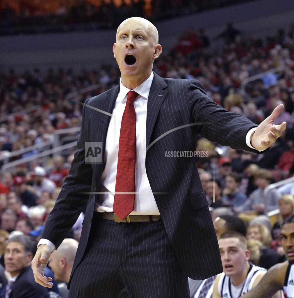 Timothy D. Easley Louisville coach Chris Mack argues a call during the second half of the team's NCAA college basketball game against North Carolina State in Louisville, Ky., Thursday, Jan. 24, 2019. Louisville won 84-77. (AP Photo/Timothy D. Easley)