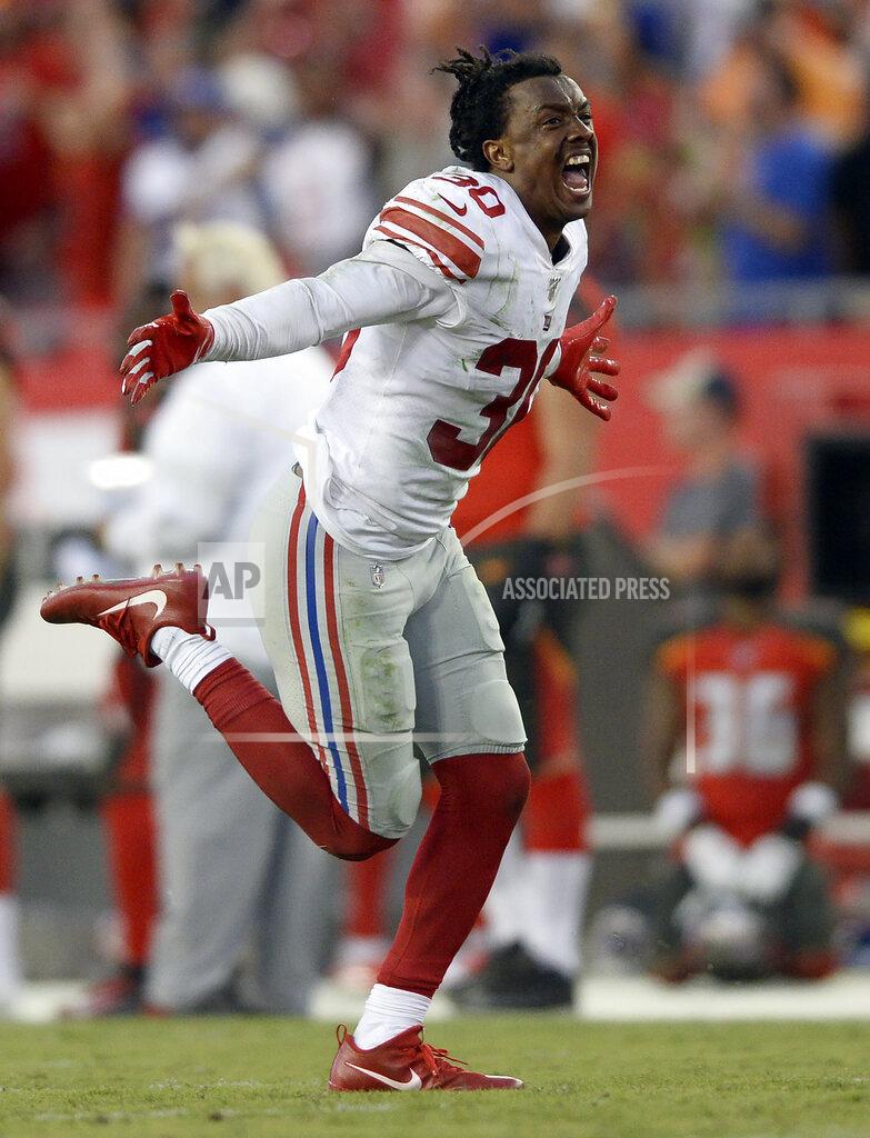 Jason Behnken New York Giants cornerback Antonio Hamilton (30) celebrates after the Giants defeated the Tampa Bay Buccaneers during an NFL football game Sunday, Sept. 22, 2019, in Tampa, Fla. (AP Photo/Jason Behnken)