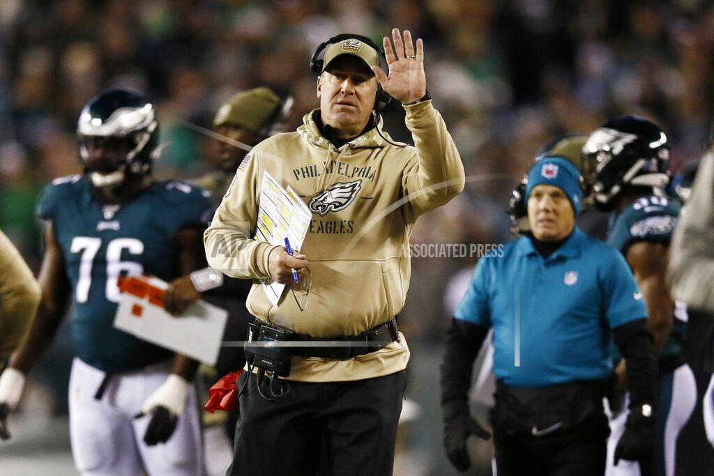 Michael Perez Philadelphia Eagles head coach Doug Pederson directs his team during the first half of an NFL football game against the New England Patriots, Sunday, Nov. 17, 2019, in Philadelphia. (AP Photo/Michael Perez)