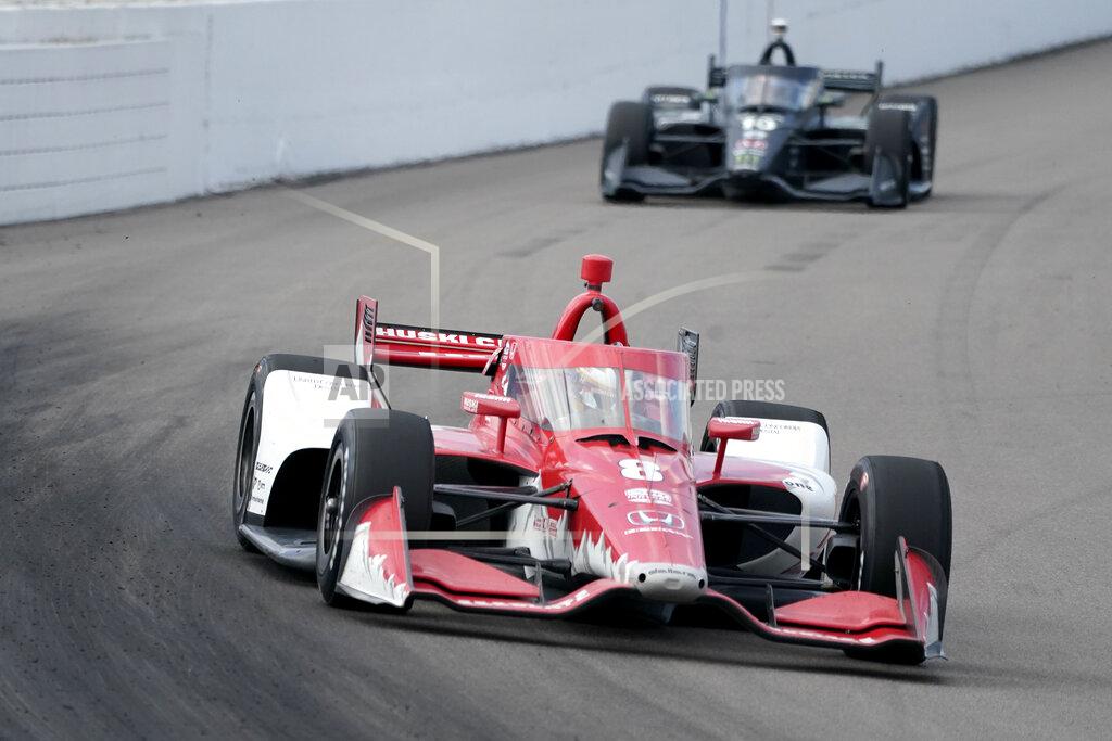 Jeff Roberson Marcus Ericsson (8) leads Felix Rosenqvist (10) during the IndyCar auto race at World Wide Technology Raceway on Sunday, Aug. 30, 2020, in Madison, Ill. (AP Photo/Jeff Roberson)