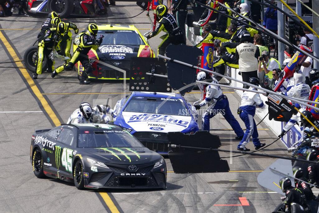 Jeff Roberson Kurt Busch (45) pits during a NASCAR Cup Series auto race at World Wide Technology Raceway, Sunday, June 5, 2022, in Madison, Ill. (AP Photo/Jeff Roberson)