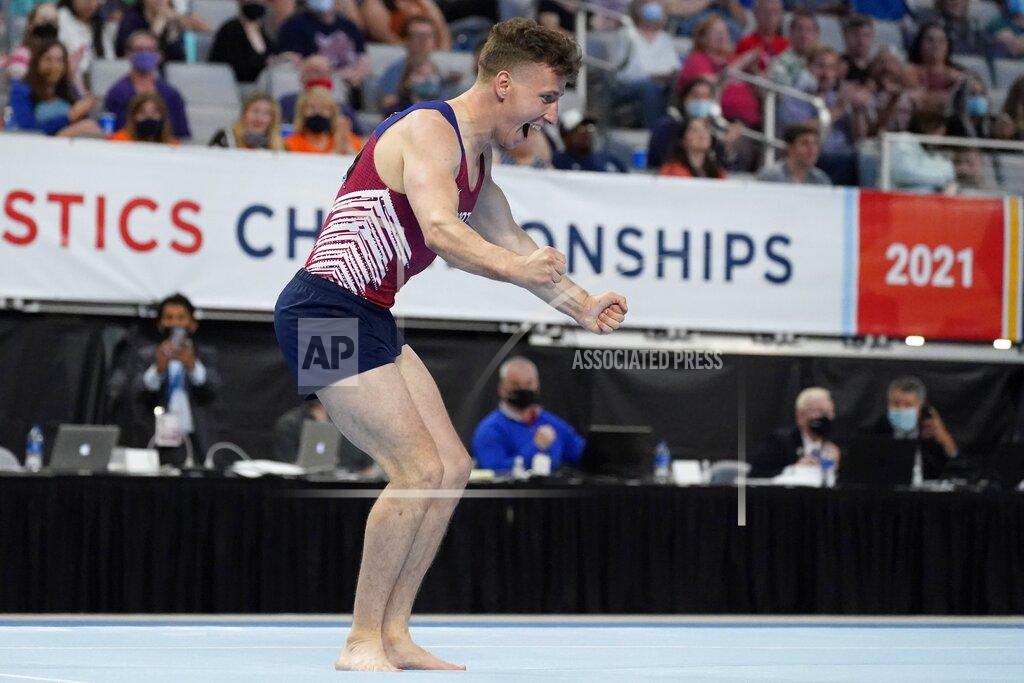 Tony Gutierrez Eddie Penev celebrates after his floor exercise routine during the U.S. Gymnastics Championships, Saturday, June 5, 2021, in Fort Worth, Texas. (AP Photo/Tony Gutierrez)