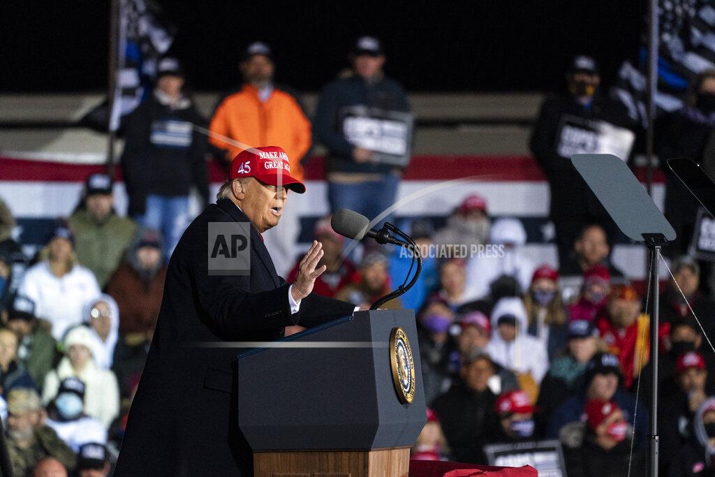 Alex Brandon President Donald Trump speaks during a campaign rally at Southern Wisconsin Regional Airport, Saturday, Oct. 17, 2020, in Janesville, Wis. (AP Photo/Alex Brandon)