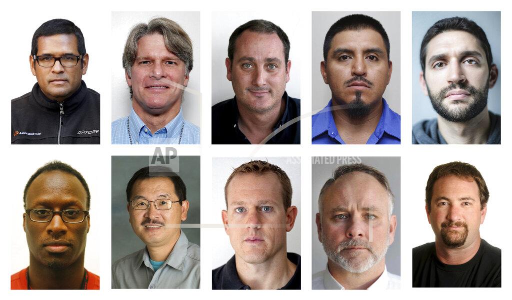 Uncredited This combination of photos shows Associated Press photographers, top row from left, Marcio Jose Sanchez, Alex Brandon, David Goldman, Julio Cortez and John Minchillo. Bottom row from left, Frank Franklin II, Ringo H. W. Chiu, Evan Vucci, Mike Stewart and Noah Berger. The group was part of an AP team that won the 2021 Pulitzer Prize for breaking news photography. (AP Photo)