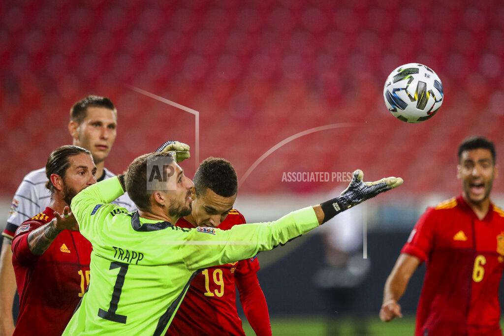 Matthias Schrader Germany's goalkeeper Kevin Trapp goes for the ball during the UEFA Nations League soccer match against Spain at the Mercedes-Benz Arena stadium in Stuttgart, Germany, Thursday, Sept. 3, 2020. (AP Photo/Matthias Schrader)