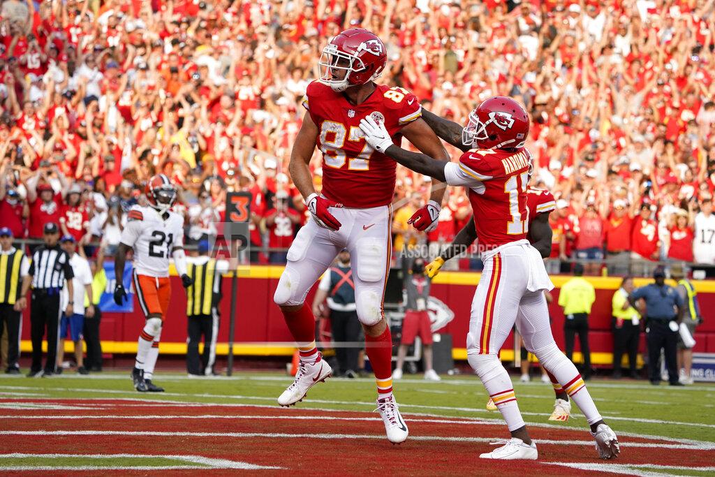 Ed Zurga Kansas City Chiefs' Travis Kelce, left is congratulated by Mecole Hardman (17) after scoring during the second half of an NFL football game against the Cleveland Browns Sunday, Sept. 12, 2021, in Kansas City, Mo. (AP Photo/Ed Zurga)