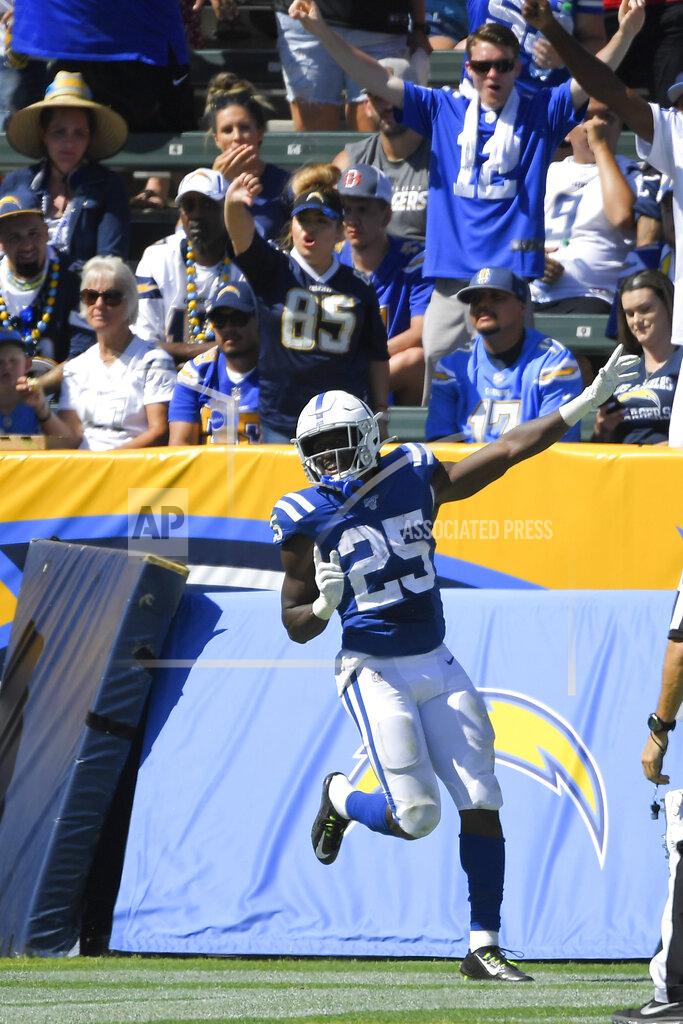 Mark J. Terrill Indianapolis Colts running back Marlon Mack celebrates after scoring during the second half in an NFL football game against the Los Angeles Chargers, Sunday, Sept. 8, 2019, in Carson, Calif. (AP Photo/Mark J. Terrill)
