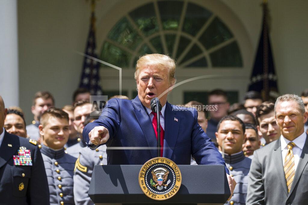 Alex Brandon President Donald Trump speaks during the presentation of the Commander-in-Chief's Trophy to the U.S. Military Academy at West Point football team in the Rose Garden of the White House, Monday, May 6, 2019, in Washington. (AP Photo/Alex Brandon)