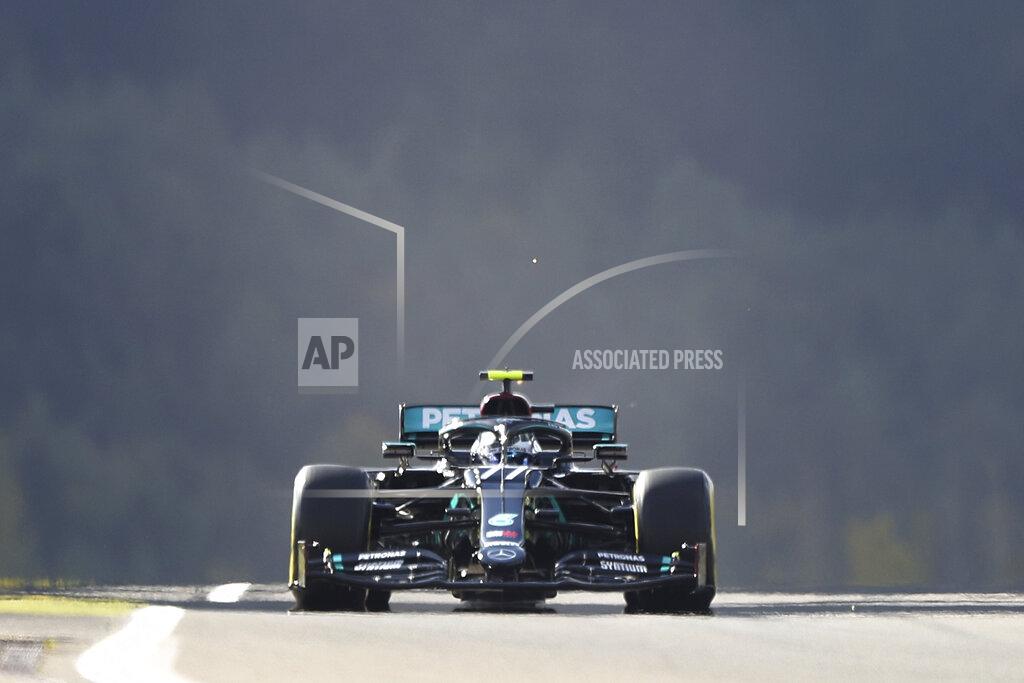 Matthias Schrader Mercedes driver Valtteri Bottas of Finland steers his car during the third practice session for the Eifel Formula One Grand Prix at the Nuerburgring racetrack in Nuerburg, Germany, Saturday, Oct. 10, 2020. The Germany F1 Grand Prix will be held on Sunday. (AP Photo/Matthias Schrader, Pool)