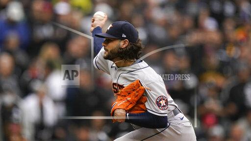 Houston Astros pitcher Lance McCullers Jr. throws against the Chicago White Sox in the first inning during Game 4 of a baseball American League Division Series Tuesday, Oct. 12, 2021, in Chicago. (AP Photo/Nam Y. Huh)