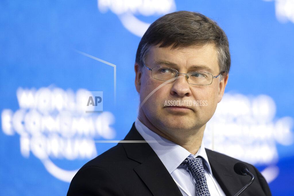 Gian Ehrenzeller Valdis Dombrovskis, Executive Vice-President for an Economy that Works for People at the European Commission attends a session at the 51st annual meeting of the World Economic Forum, WEF, in Davos, Switzerland, Wednesday, May 25, 2022. (Gian Ehrenzeller/Keystone via AP)