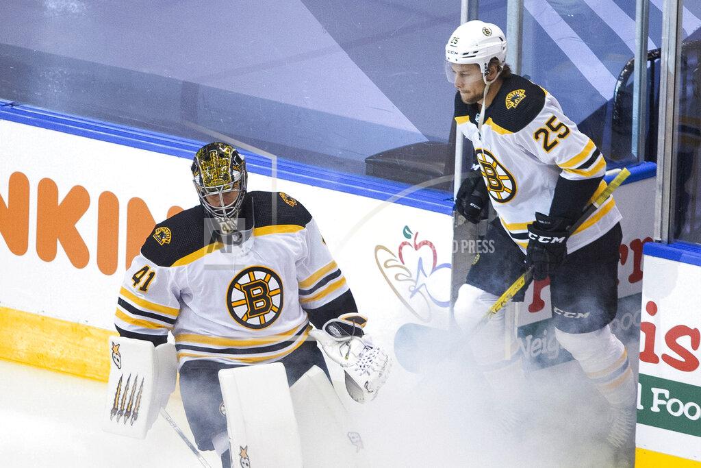 Chris Young Boston Bruins goaltender Jaroslav Halak takes part in a pre-game skate ahead of game three of NHL first round Stanley Cup playoff game against the Carolina Hurricanes, in Toronto on Saturday, Aug. 15, 2020. (Chris Young/The Canadian Press via AP)