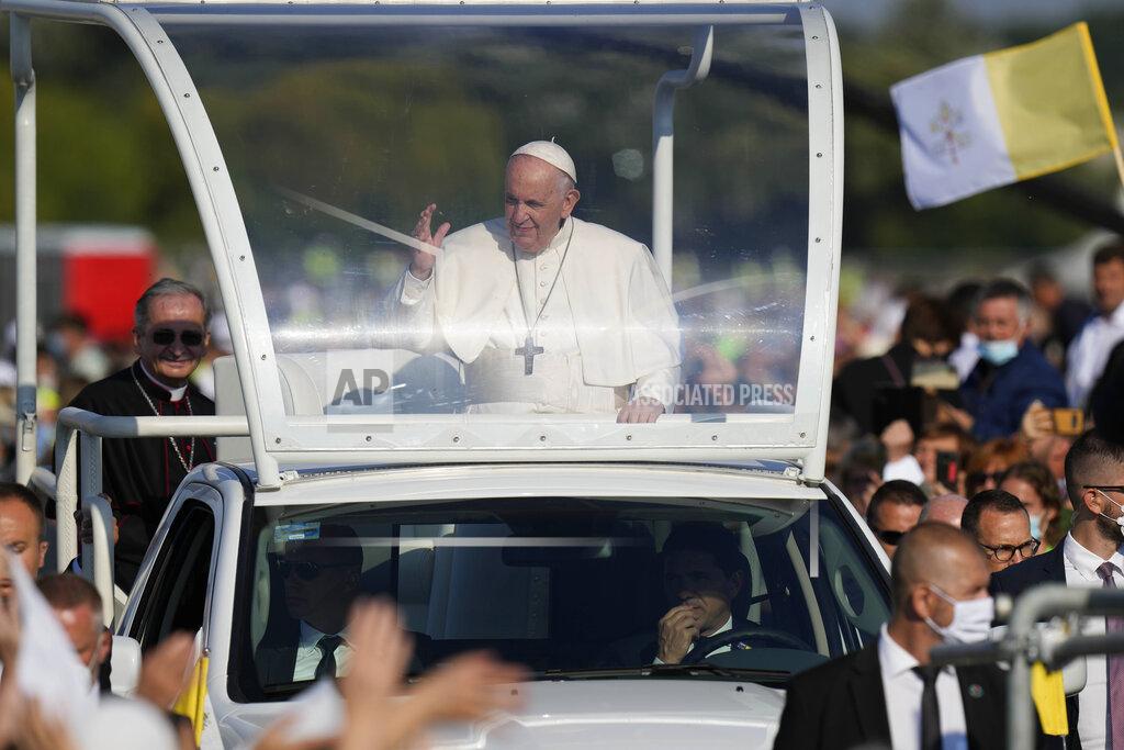 Petr David Josek Pope Francis arrives in the esplanade of the National Shrine in Sastin, Slovakia, Wednesday, Sept. 15, 2021. Pope Francis is to hold an open air mass in Sastin, the site of an annual pilgrimage each September 15 to venerate Slovakia's patron, Our Lady of Sorrows. (AP Photo/Petr David Josek)