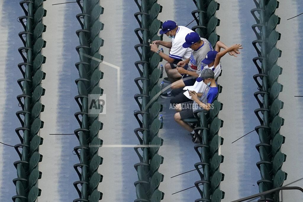 David J. Phillip Fans wait for the start of Game 1 of a baseball National League Championship Series between the Los Angeles Dodgers and the Atlanta Braves Monday, Oct. 12, 2020, in Arlington, Texas. (AP Photo/David J. Phillip)