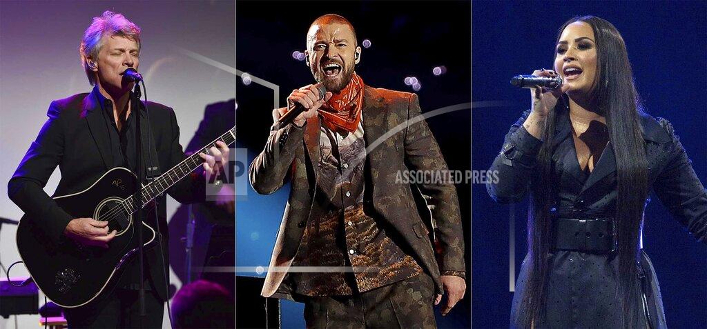 This combination photo shows musician Jon Bon Jovi performing at the Samsung Charity Gala in New York, Nov. 2, 2017, from left, Justin Timberlake performing during halftime of the NFL Super Bowl 52 football game in Minneapolis on Feb. 4, 2018 and Demi Lovato performing in London on June 25, 2018. Bon Jovi, Timberlake and Lovato will perform at a 90-minute primetime TV special celebrating the inauguration of Joe Biden as president of the United States. (AP Photo)
