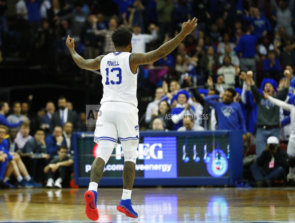 Noah K. Murray Seton Hall's Myles Powell (13) celebrates after making a three point shot against DePaul during the second half of an NCAA college basketball game Wednesday, Jan. 29, 2020, in Newark, N.J. (AP Photo/Noah K. Murray)