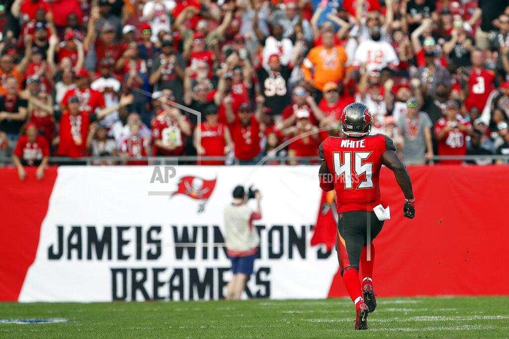 Mark Lomoglio Tampa Bay Buccaneers linebacker Devin White (45) heads for the endzone after returing a fumble by Atlanta Falcons quarterback Matt Ryan 91-yards for a touchdown during the first half of an NFL football game Sunday, Dec. 29, 2019, in Tampa, Fla. (AP Photo/Mark LoMoglio)