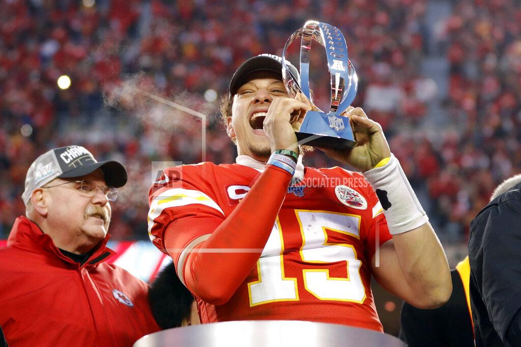Colin E. Braley In this Jan. 19, 2020, photo, Kansas City Chiefs quarterback Patrick Mahomes holds the Lamar Hunt Trophy as he celebrates winning a NFL, AFC Championship football game against the Tennessee Titans in Kansas City, Mo. The most compelling dramas in the NFL this season unfolded on the field, not off of it. And any thought that the league was in jeopardy of losing its spot as America's favorite sport has been set on the back burner. (AP Photo/Colin E. Braley)