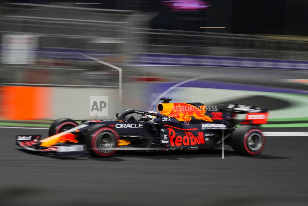 Hassan Ammar Red Bull driver Max Verstappen of the Netherlands in action during practice session for the Saudi Arabian Grand Prix in Jiddah, Saturday, Dec. 4, 2021. (AP Photo/Hassan Ammar)