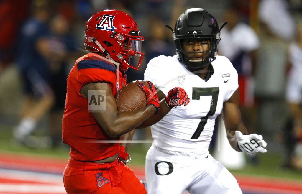 Rick Scuteri Arizona wide receiver Shun Brown scores a touchdown in front of Oregon safety Ugochukwu Amadi (7) in the second half during an NCAA college football game, Saturday, Oct. 27, 2018, in Tucson, Ariz. (AP Photo/Rick Scuteri)