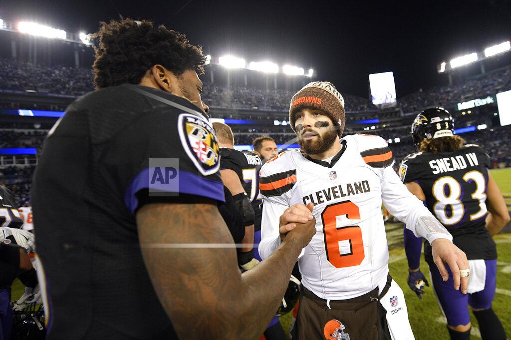 Nick Wass FILE - Cleveland Browns quarterback Baker Mayfield, right, speaks with Baltimore Ravens quarterback Lamar Jackson after an NFL football game, Sunday, Dec. 30, 2018, in Baltimore. Baltimore won 26-24. The Ravens play at the Cleveland Browns on Sunday, Sept. 13, 2020. (AP Photo/Nick Wass, File)