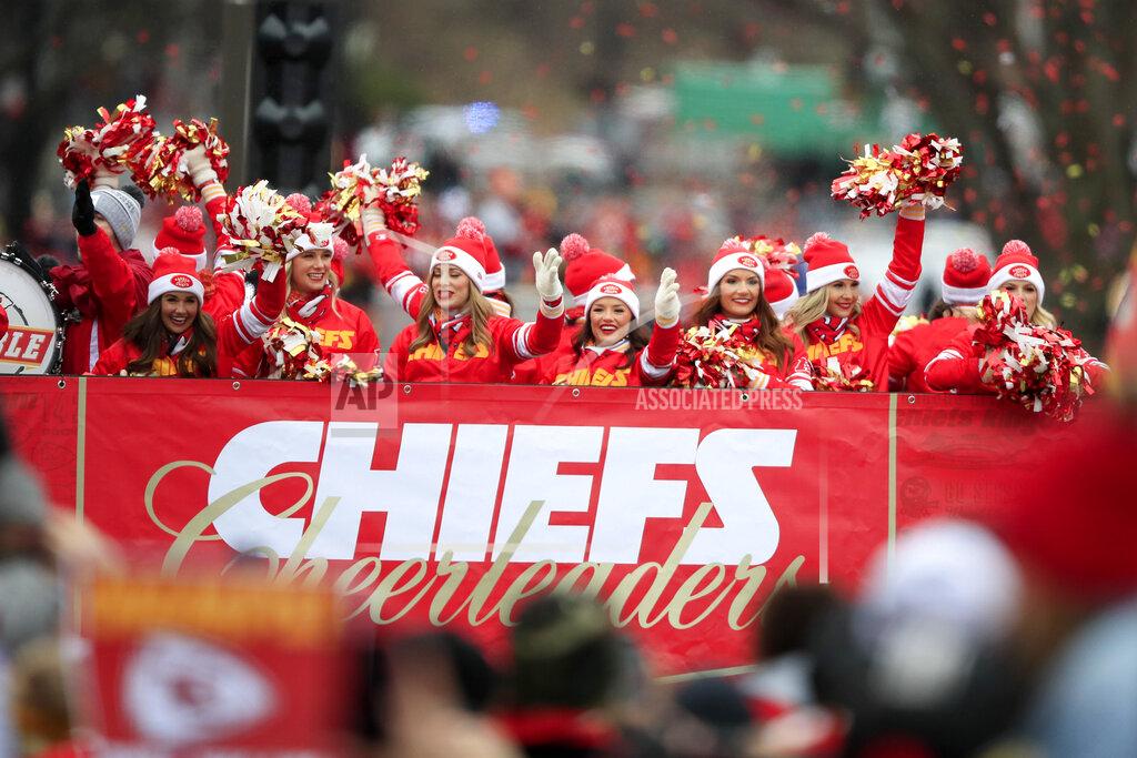 Orlin Wagner Kansas City Chiefs cheerleaders ride a float during the Super Bowl parade in Kansas City, Mo., Wednesday, Feb. 5, 2020. (AP Photo/Orlin Wagner)