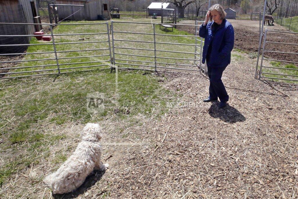 Charles Krupa Emily DiPalma Aho walks around the paddock of her home with dog Charlie in Jaffrey, N.H., Wednesday, May 13, 2020. Emily's father, Emilio DiPalma, stood guard as a 19-year-old U.S. Army infantryman at the Nuremberg Nazi war crimes trials. Emilio died last month at the age of 93 after contracting the coronavirus at Holyoke Soldiers' Home in Massachusetts. (AP Photo/Charles Krupa)