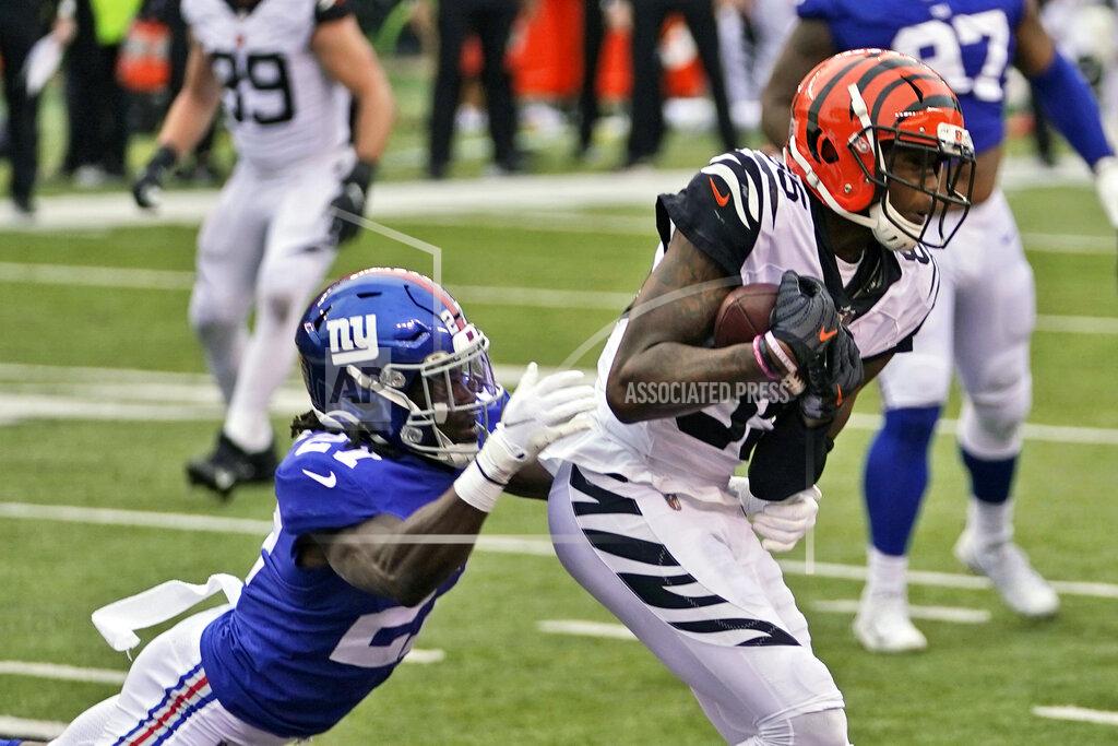 Bryan Woolston Cincinnati Bengals wide receiver Tee Higgins (85) catches a 1-yard pass for a touchdown during the second half of an NFL football game against the New York Giants, Sunday, Nov. 29, 2020, in Cincinnati. (AP Photo/Bryan Woolston)