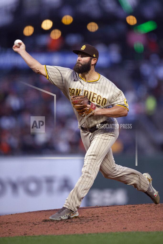 D. Ross Cameron San Diego Padres starting pitcher Jake Arrieta throws to a San Francisco Giants batter during the second inning of a baseball game, Tuesday, Sept. 14, 2021, in San Francisco. (AP Photo/D. Ross Cameron)