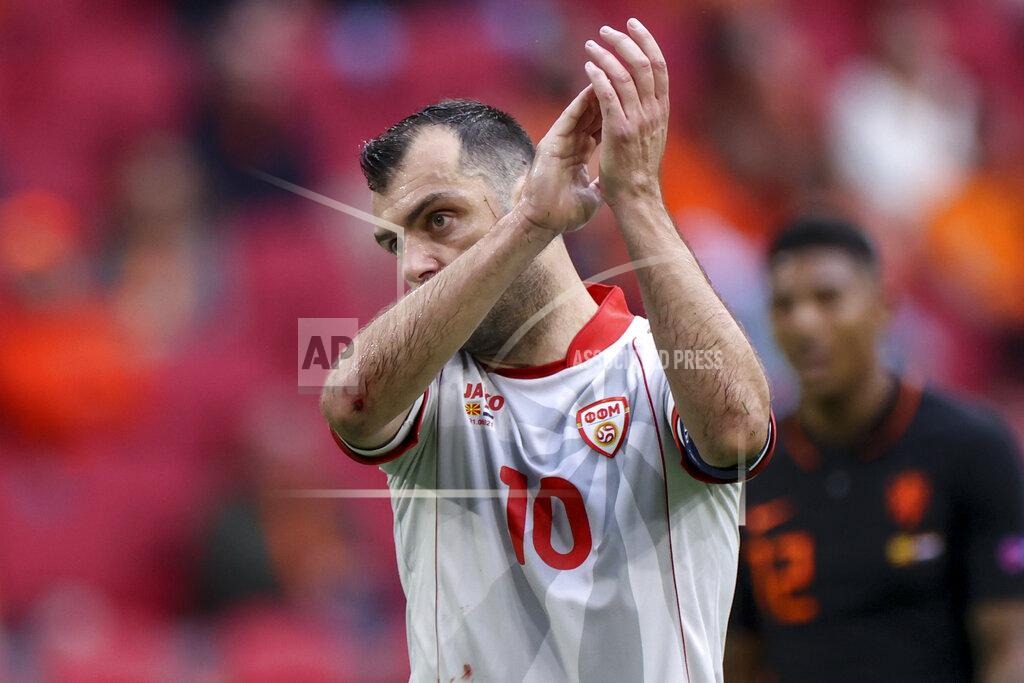 Kenzo Tribouillard North Macedonia's Goran Pandev reacts during the Euro 2020 soccer championship group F match between North Macedonia and Netherlands, at the Johan Cruyff ArenA in Amsterdam, Netherlands, Monday, June 21 2021. (Kenzo Tribouillard/Pool via AP)