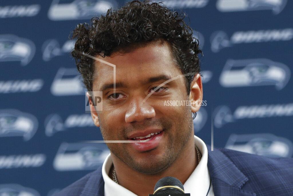 Don Wright Seattle Seahawks quarterback Russell Wilson (3) talks to reporters during a news conference after an NFL football game against the Pittsburgh Steelers, Sunday, Sept. 15, 2019, in Pittsburgh. The Seahawks defeated the Steelers 28-26. (AP Photo/Don Wright)